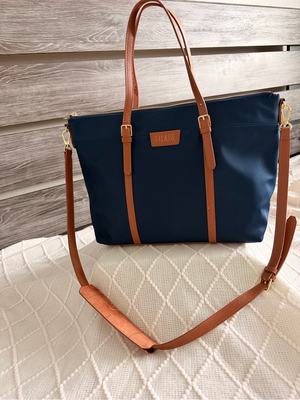 Alviero Martini Navy Tote with Tan Trim and Straps